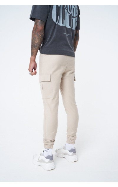 The Couture Club Męskie Beżowe Spodnie Dresowe Reverse Looback Slim Jersey Cargo Jogger