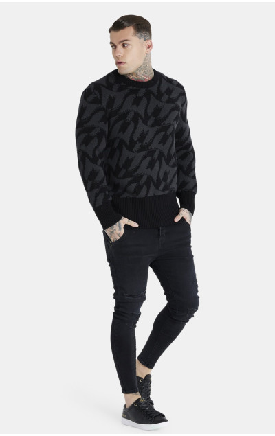 Messi x Sik Silk Męska Czarna Bluza Monogram Chunky Knit Jumper