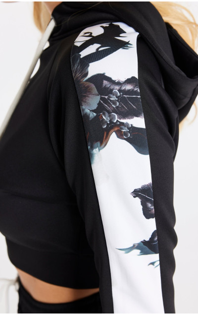 Sik Silk Damska Czarna Bluza Retro Fire Print Cropped Track Top Black & Ecru