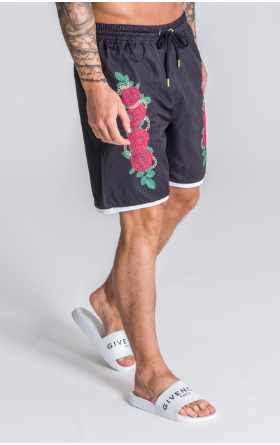Gianni Kavanagh Black Racer Roses Shorts